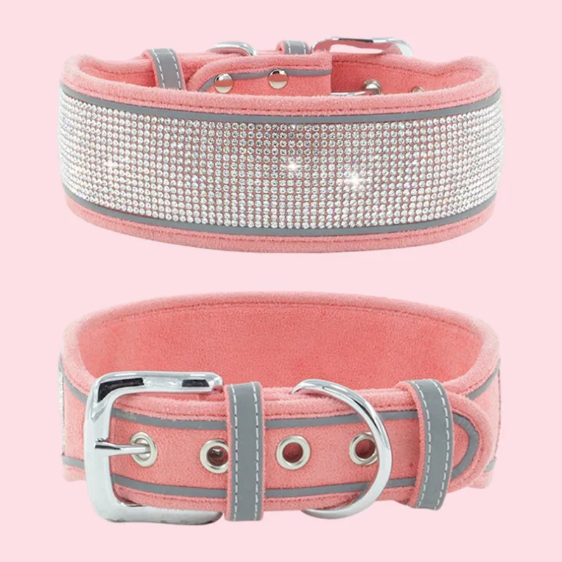 Pet Dog Collar Reflective Rhinestone Dog Harnesses Adjustable Suede Collar Soft Comfortable Durable Pet Dog Supplies