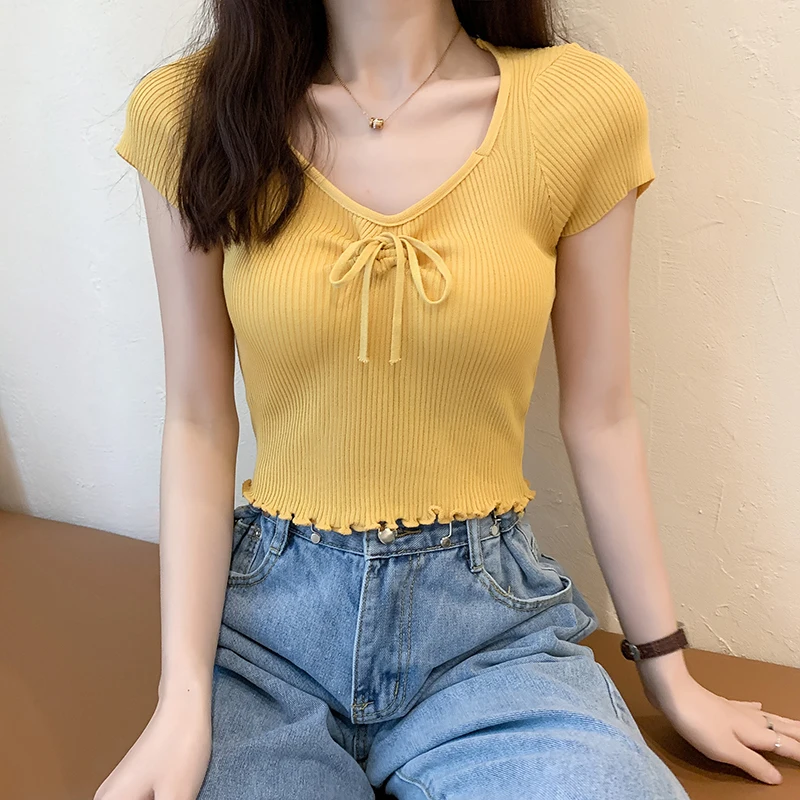 

Vintage Sexy Crop Tops Casual Short Sleeve Knitting Pullover Tees Summer Slim Streetwear T-Shirt Woman 2021