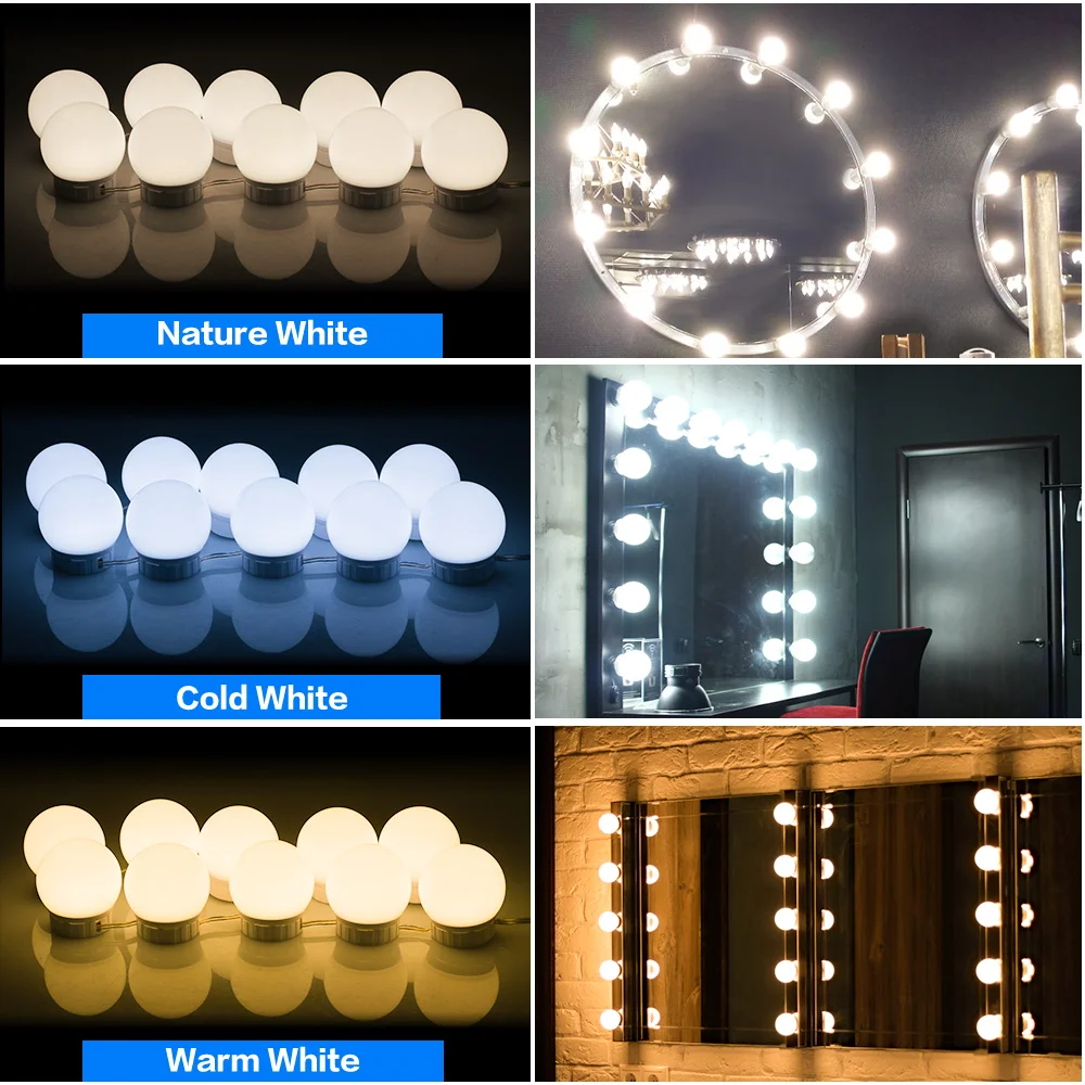 

LED Makeup Mirror Light Bulb 12V LED Hollywood Vanity Lamp LED Touch 3 Colors Bathroom Dressing Table Light USB Bedroom Dimming