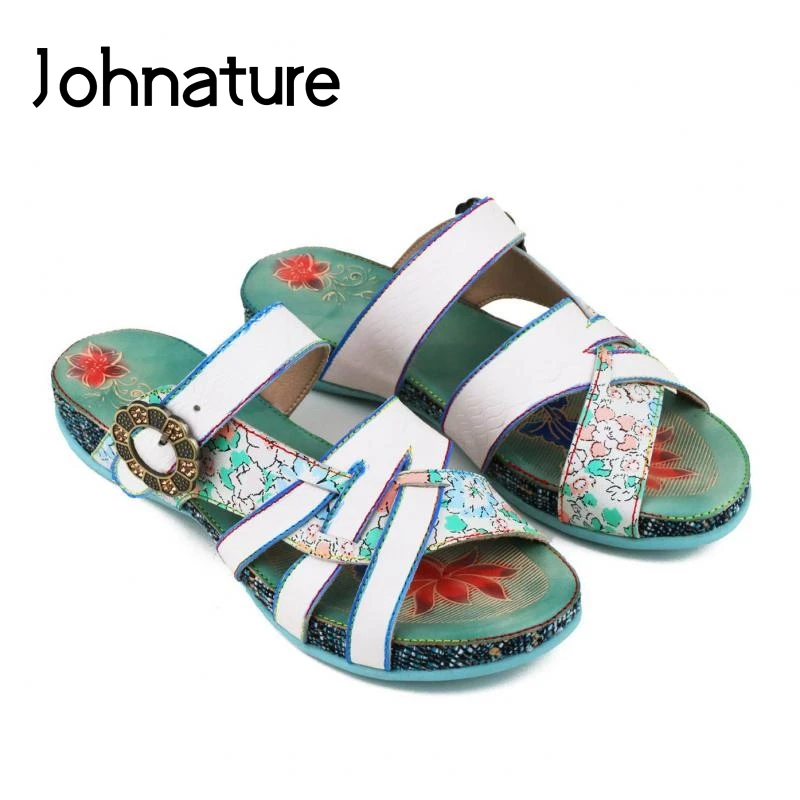 

Johnature Women Slippers Summer Shoes Genuine Leather 2022 New Outside Slides Flat With Mixed Colors Handmade Ladies Slippers