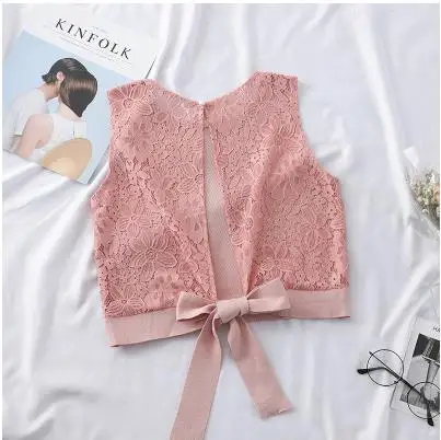 pink Korobov, Летняя короткая женская майка с разрезом сзади, на шнуровке, с бантом, кружевная вязаная, из кусков, с вырезами, сексуальная женская майка, женские топы 77795 - Цвет: pink