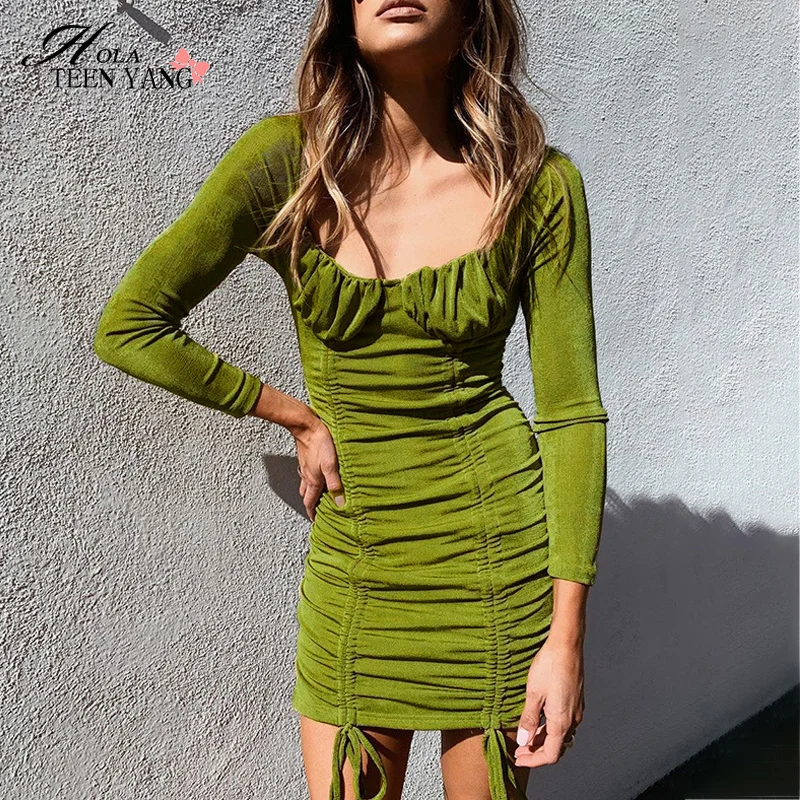 

Sexy Women Slim Vintage Mini Dress Long Sleeve Spring Pleated Drawstring Green Dress Square Collar Street Sheath Dress Vestidos