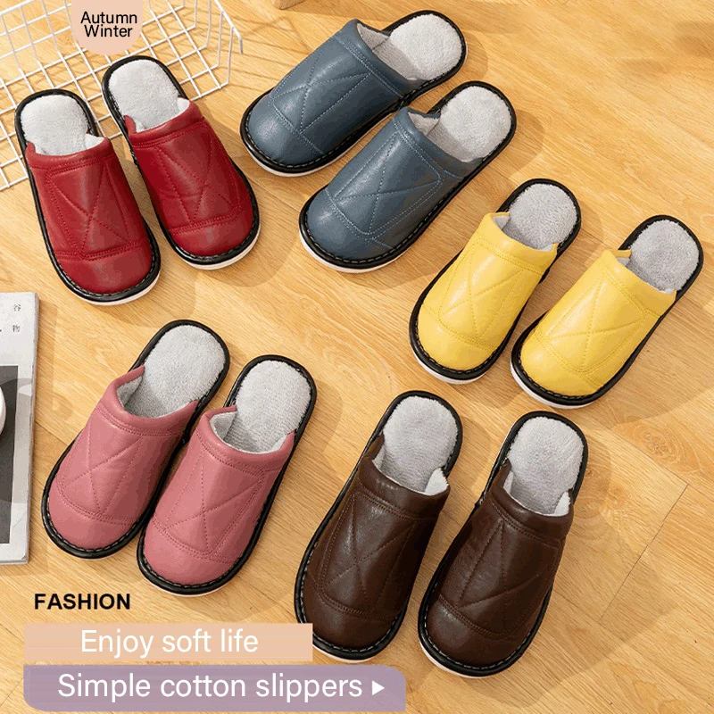 

PU Waterproof Slippers Women Home Soft Slippers Indoor Winter Warm Shoes Couples Comfortable Floor Shoes Men Bedroom Slippers