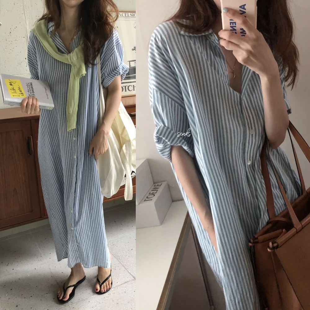 

Korean Ins Retro Japanese Girl Idle Style Minority Simple Striped Loose Slimming Long Sleeves Shirt Dress