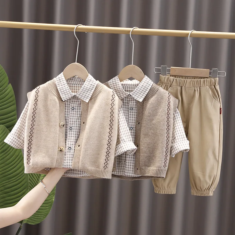 

Autumn Winter Casual Baby Boys Clothing Set Long-sleeve Shirt Knit Cardigan Vest Trousers 3Pcs Kids Suit Baby Clothes BB263
