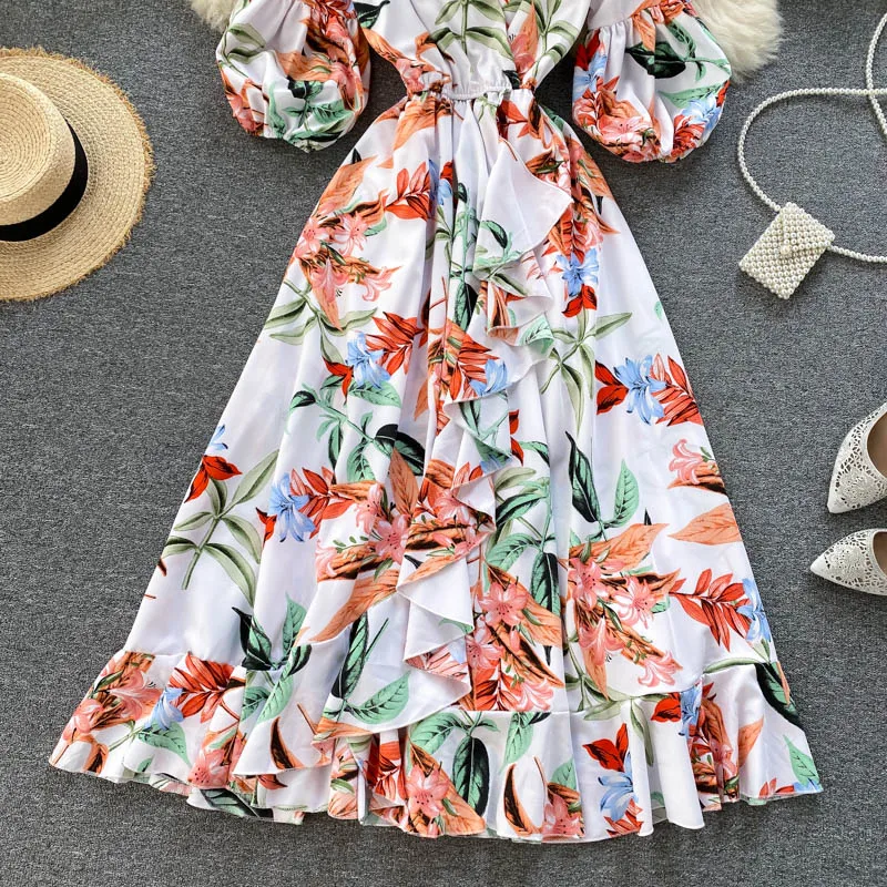 

Women's Elegant Puff Sleeve V Neck Floral Dress 2021 Summer Short Sleeve Slim Waist A Line Dress Ladies Streetwear Vestidos