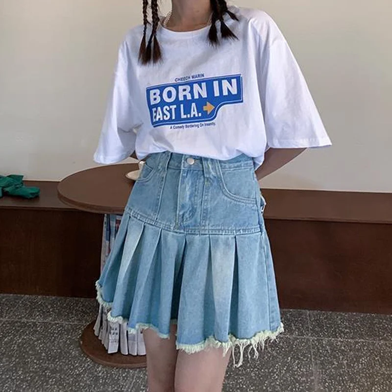 

HOUZHOU Denim Skirt Women Vintage High Waist A-line Pleated Tassel Mini Skirts Summer Korean Fashion Harajuku Causal Streetwear
