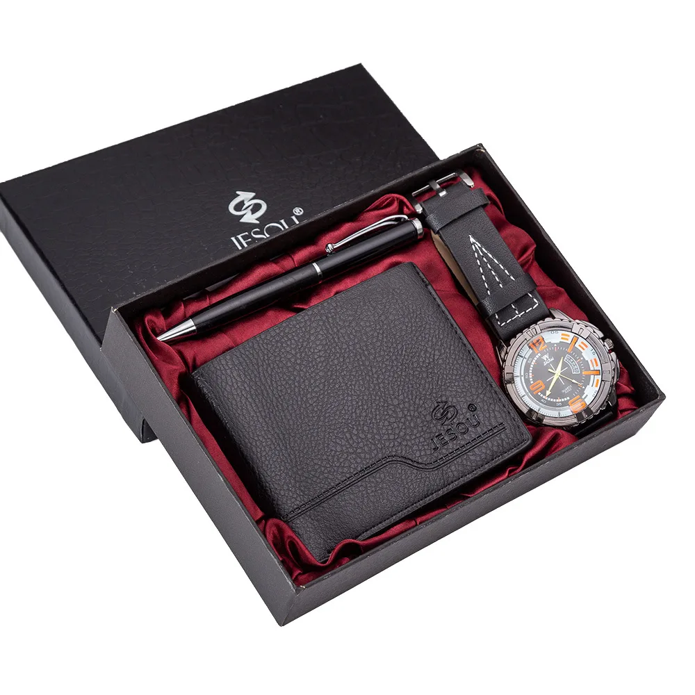 

XSVO Men's Watches Gift Set Beautifully Wrapped Watch + Wallet Pen Set Fashion High Quality Leather Business Wristwatch Male