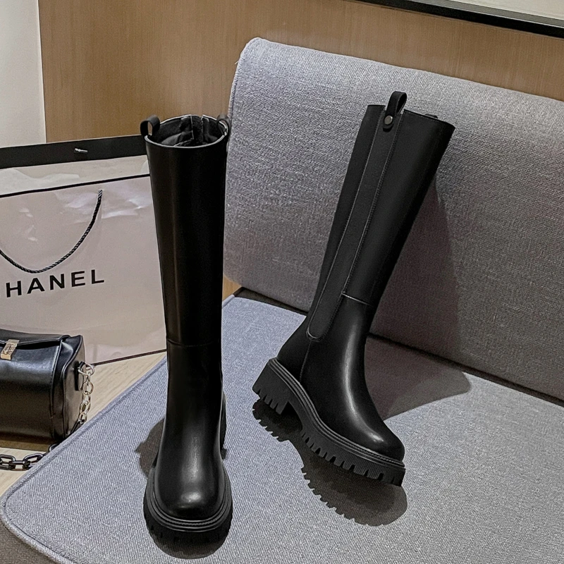 

Long Boots Round Toe Square Heels Cow Leather Autumn Knee-High Boots Zipper Comfortable Stretch Quality Handmade Shoes