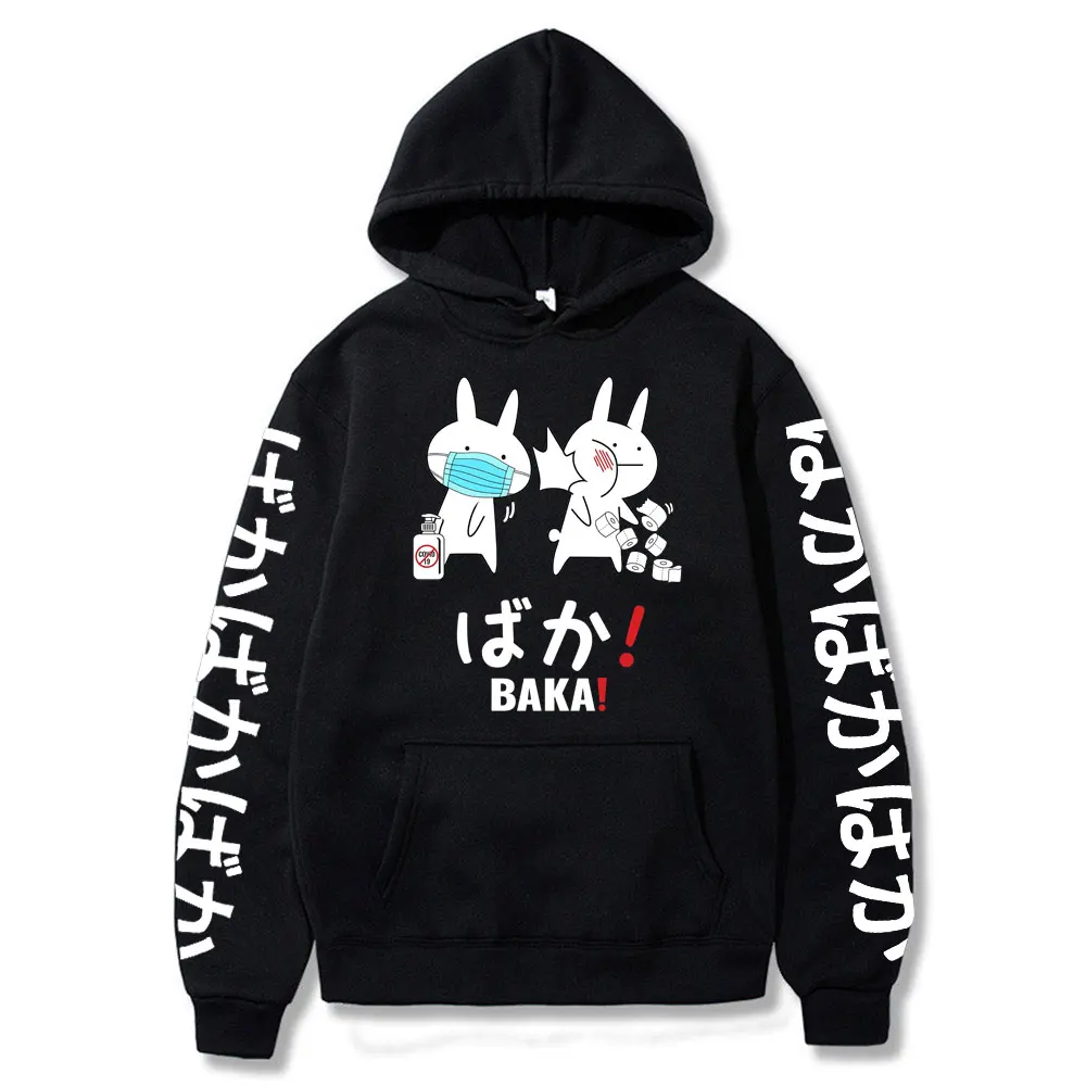 

2021 Baka Rabbit Slap Hoodies Japan Anime Funny Cute Thick Hoody High Quality Black Japanese Style Unisex Sweatshirt Pullover