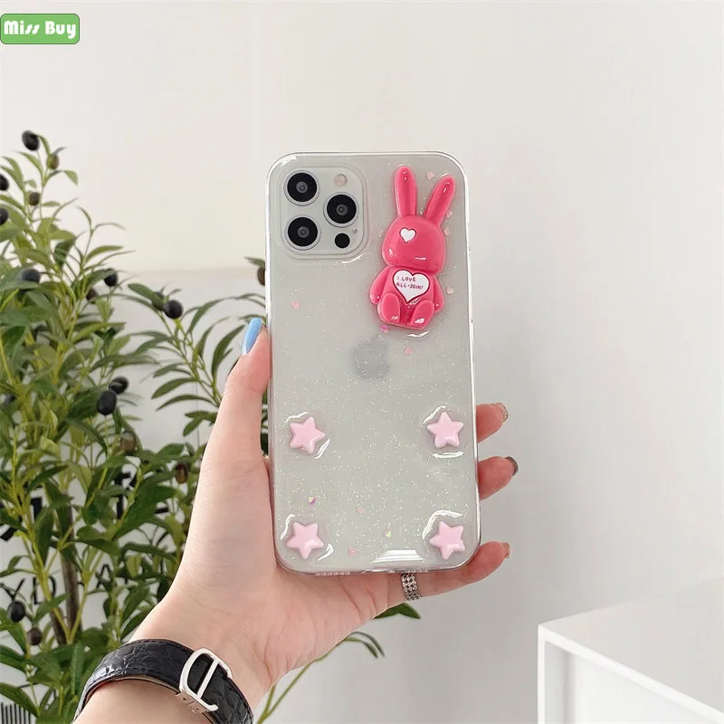 

For iPhone 12 Pro Max Case 3D Cartoon Cute Rabbit Phone Case For iPhone 11 Pro Max X XS Max 12mini 7 8 Plus XR Transparent Cover