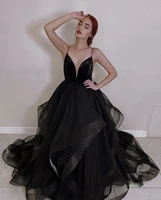 black evening dress a line v neck spaghetti straps backless tiered floor length sweep train party prom gown custom made 2021