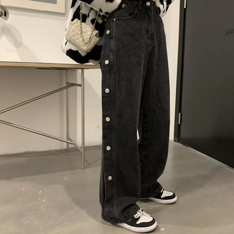 

Женские джинсы с широкими штанинами S-5XL, уличные черные и серые свободные прямые брюки с высокой талией и украшением на пуговицах для весны ...