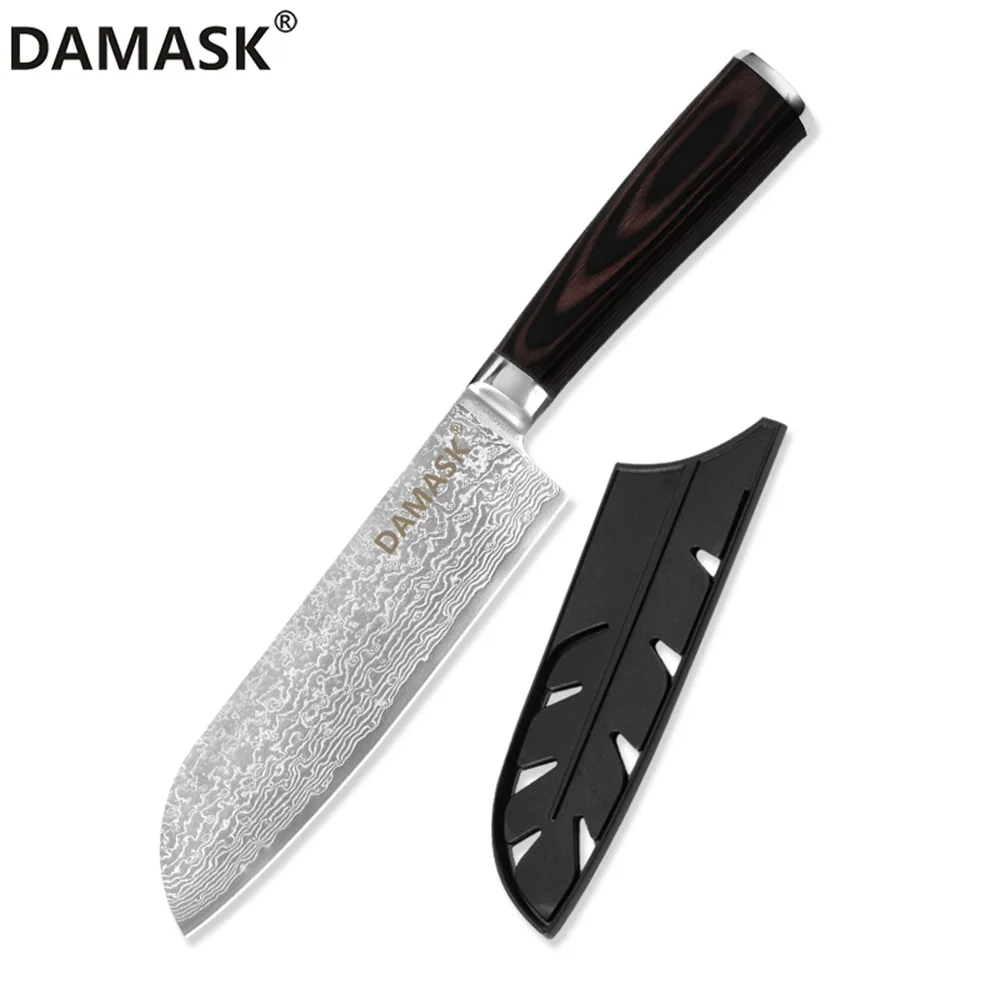 7 inch Santoku Knife Дамасские Ножи 5 дюймов Многофункциональный кухонный нож с цветной деревянной ручкой 73 слоя VG10 японские Дамасские стальные ножи режущие инструменты - Цвет: 7 inch Santoku Knife