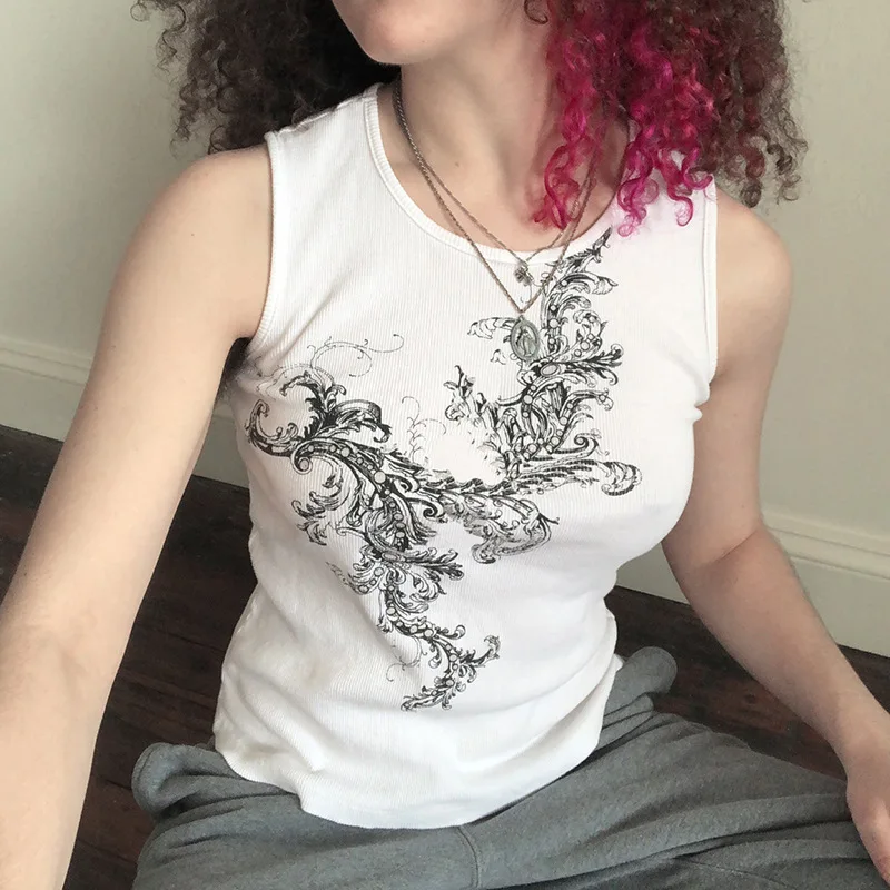 

Women Slim Top Fashion Contrast Print Vest Casual Sports Style Round Neck Pullover Bottoming Shirt Woman Clothes 2022 Summer NEW
