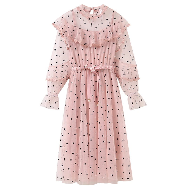 

COIGARSAM Spring Autumn Dress Polka Dot Long Sleeve Elegant Lace Fairy Mesh Dresses with Pearls Decoration Belt Modis Vestido