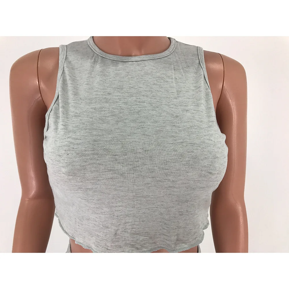 Casual Women Stacked Pants Joggers Set Sleeveless Crop Top + Long Tracksuit Clothes For Pare Gray Color |