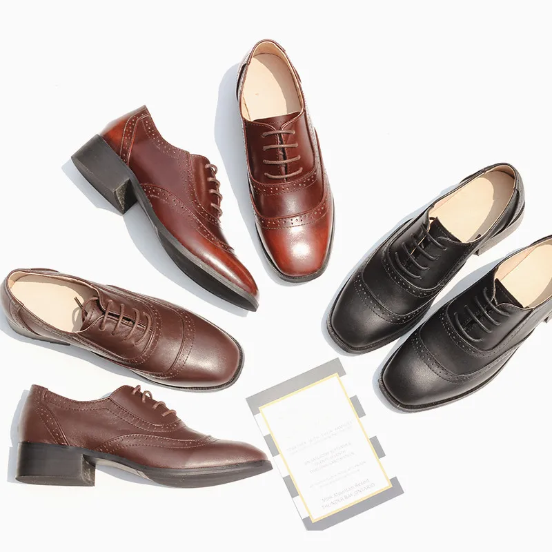 100% Genuine Cow Leather Casual Designer Women Brogues Flat Shoes Vintage Lady Flats Handmade Oxford For 2020 | Обувь