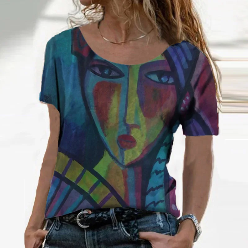 

Summer Women Clothing Fashion Retro Geometric Face Print Blouse Shirts Elegant Round Neck Short Sleeve Tops Casual Loose Blusa