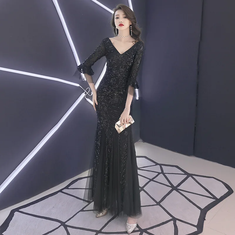 Женские вечерние платья с v образным вырезом и расклешенными рукавами модное