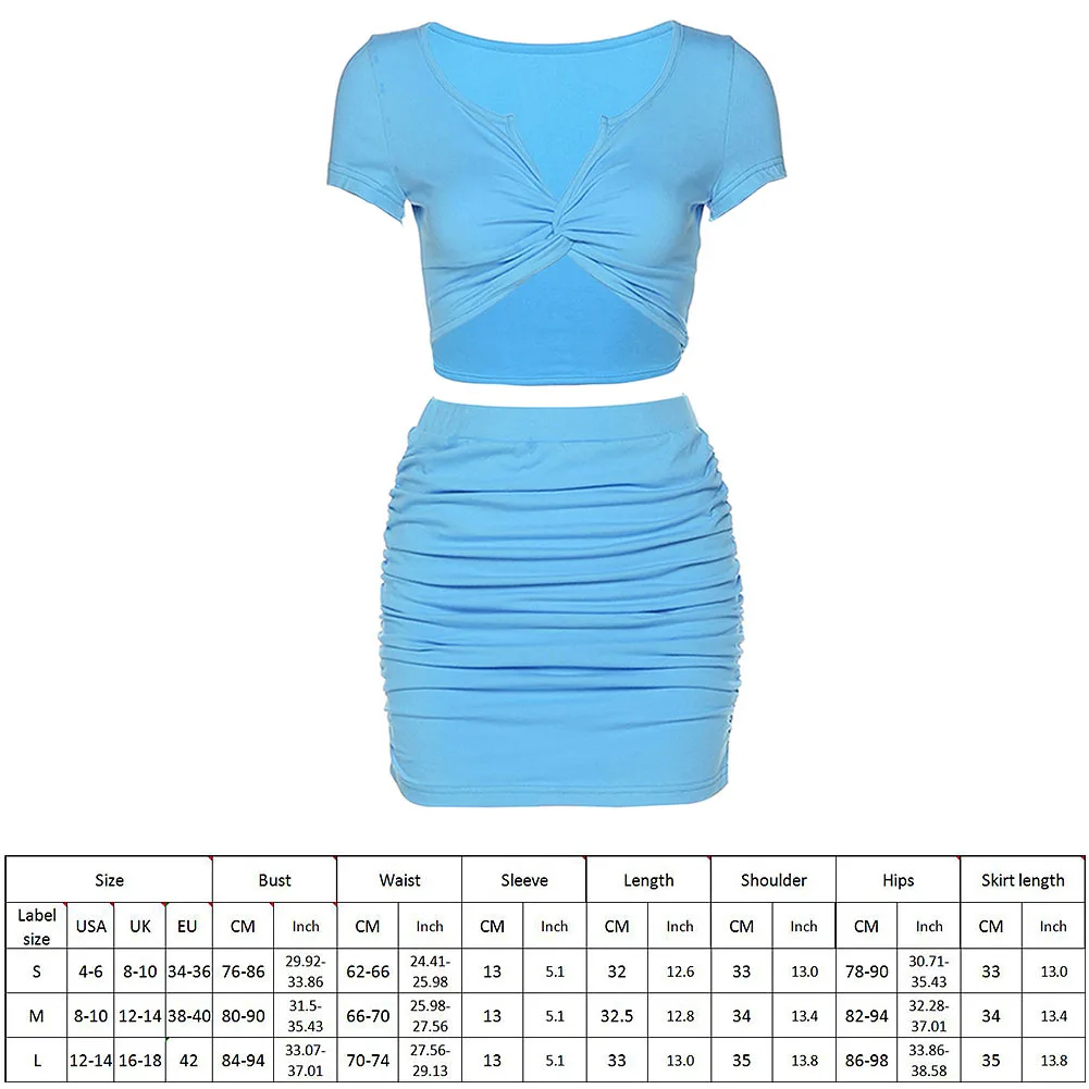 

Solid Two Piece Skirt Set Women V Neck Short Sleeve Crop Tops With Mini Skirts Bodycon Partywear Clothes Streetwear Women Outfit