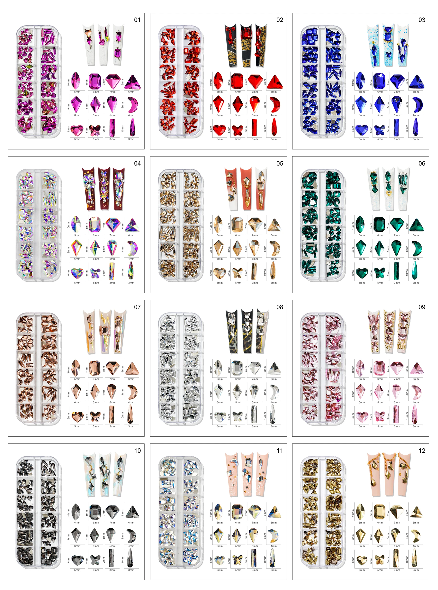 

XS 120Pcs/1Box Nails Accessories in Different Shapes DIY Crystal 3D Glass Nail art Rhinestone 2021 New Nails Trends BlingBling