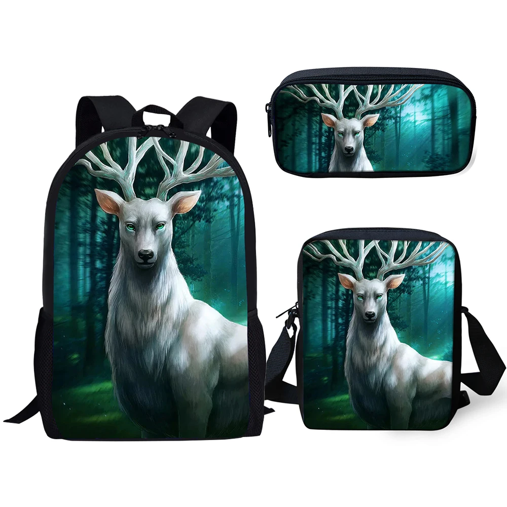 HaoYun 3PCs Set Kids School Backpack Art Fantasy Deer Pattern School Book Bags Kawaii Animal Students Backpack/Flaps Bag/Pen Bag