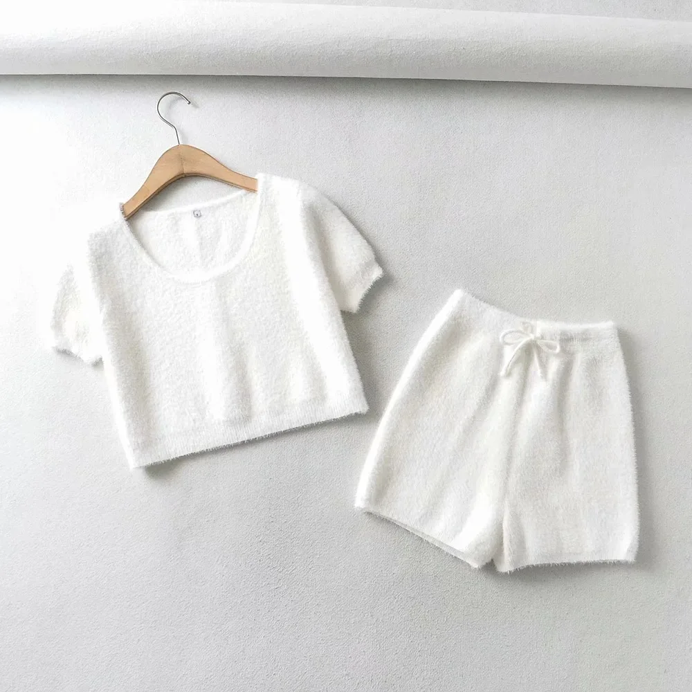

TVVOVVIN 2021 Summer New Mohair Short Sleeve Knitting Round Neck Short Sleeve T-shirt + Loose Shorts Casual Two-piece Set 5N08