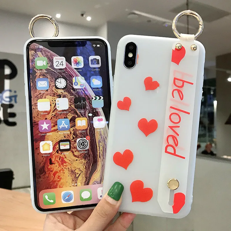Red heart of love and black circle jelly Bracket with wrist TPU phone case for iPhone xs max x iphone 7 plus |