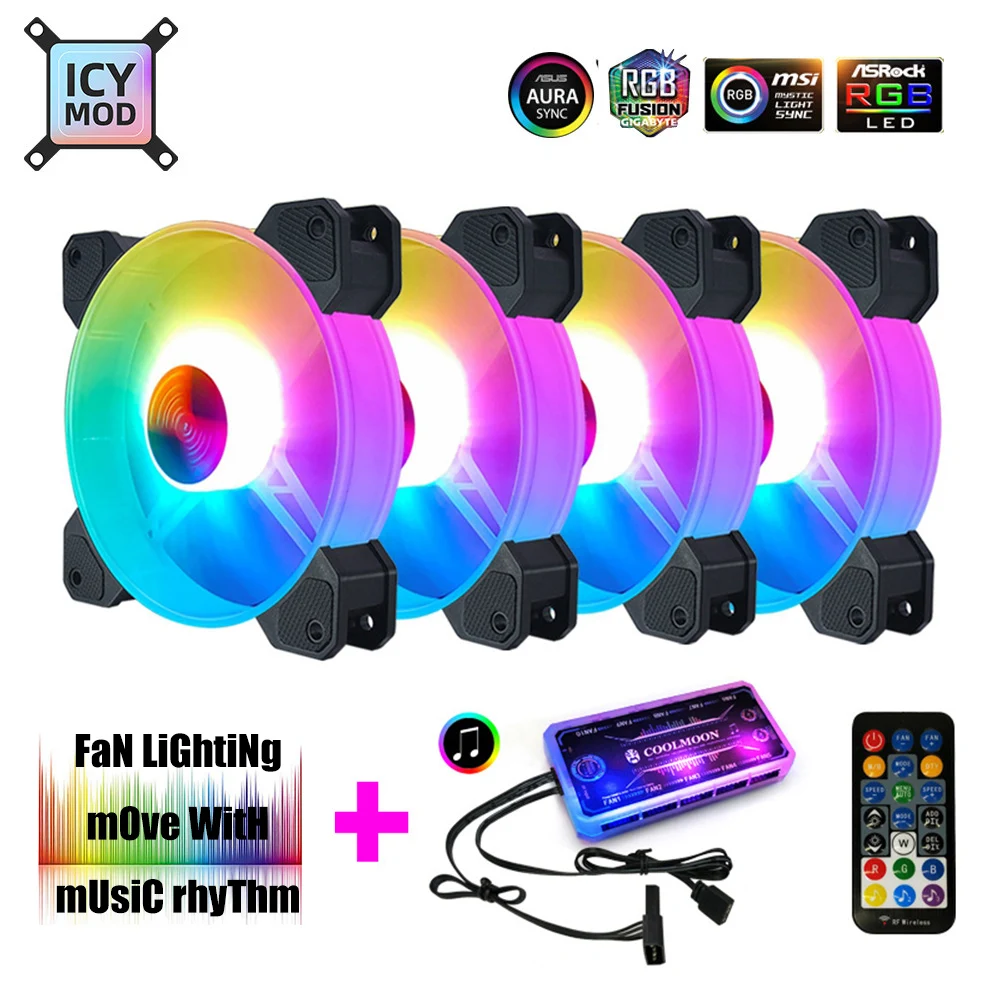 

Coolmoon 12CM RGB Fan 120mm A-RGB FAN 5V Music Rhythm Controller A-RGB Chassis AURA SYNC Water Cooler Custom For Mod Quiet Fan