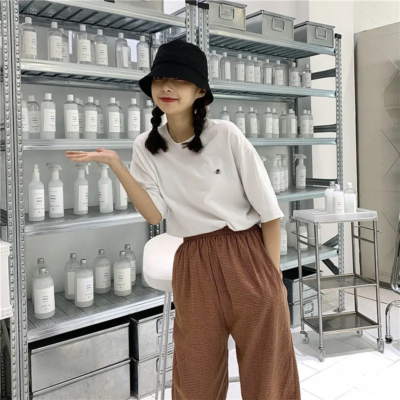 

Women Pants Full Length casual Plaid pants Sun protection Track pants Elastic Waist Loose Fit Black thin section Pants