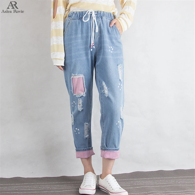 Рваные джинсы женские с высокой талией Осень Зима хлопок Шаровары свободного