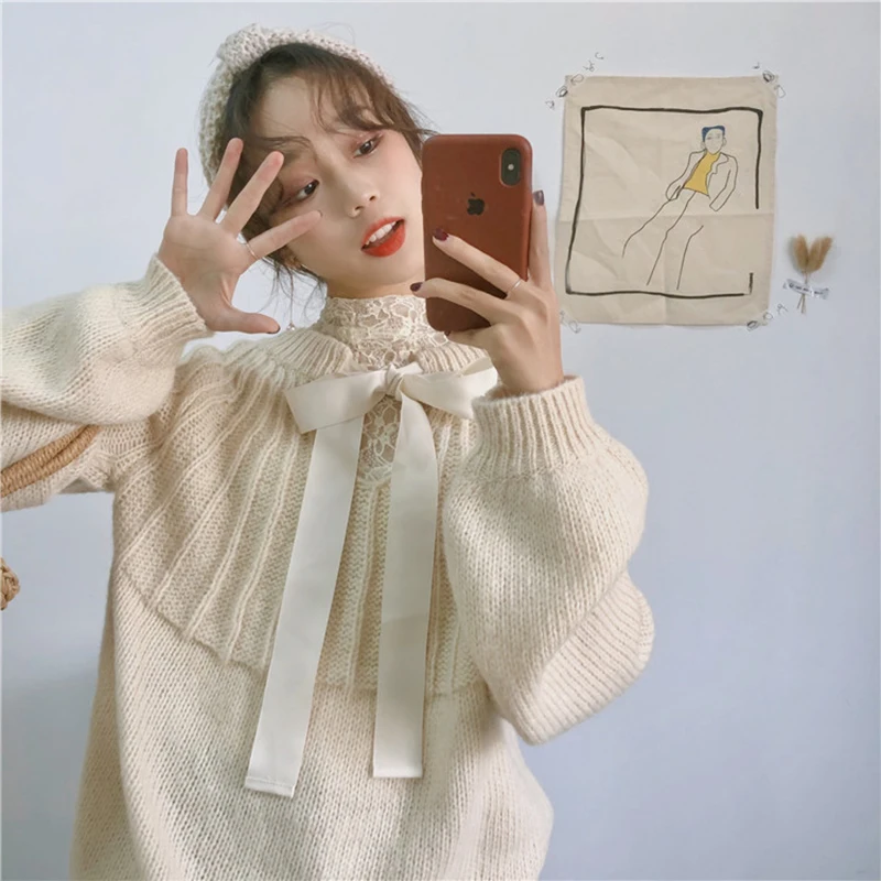 

Ailegogo Spring Women Double Sided Change Wear Knit Sweater Loose Fit Lantern Sleeve Lace Up Collar Pullovers Two Sided Knitwear