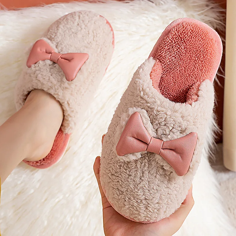 

Shoes Women Winter Cute Bowknot Home Couple Men Home Non-slip Indoor Wood Floor Cotton Slippers Home Slippers YK