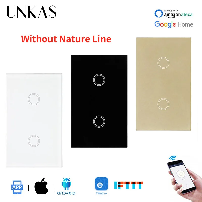 UNKAS Crystal Glass Panel US Standard 2 Gang WIFI Touch Switch Ewelink APP Control Work With Alexa Wireless Light | Обустройство