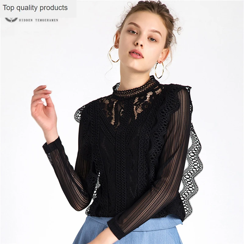 2020 Весна Лето Новая блузка Европейский темперамент была тонкая кружевная