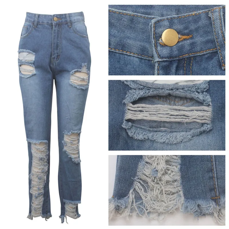 

Новые повседневные обтягивающие пикантные рваные джинсы с дырками, брюки-бойфренды, женские джинсы с завышенной талией, джинсы-карандаш, эл...
