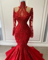 modest red lace mermaid evening dresses 2021 real image appliques beaded long prom gowns with full sleeves formal party dress
