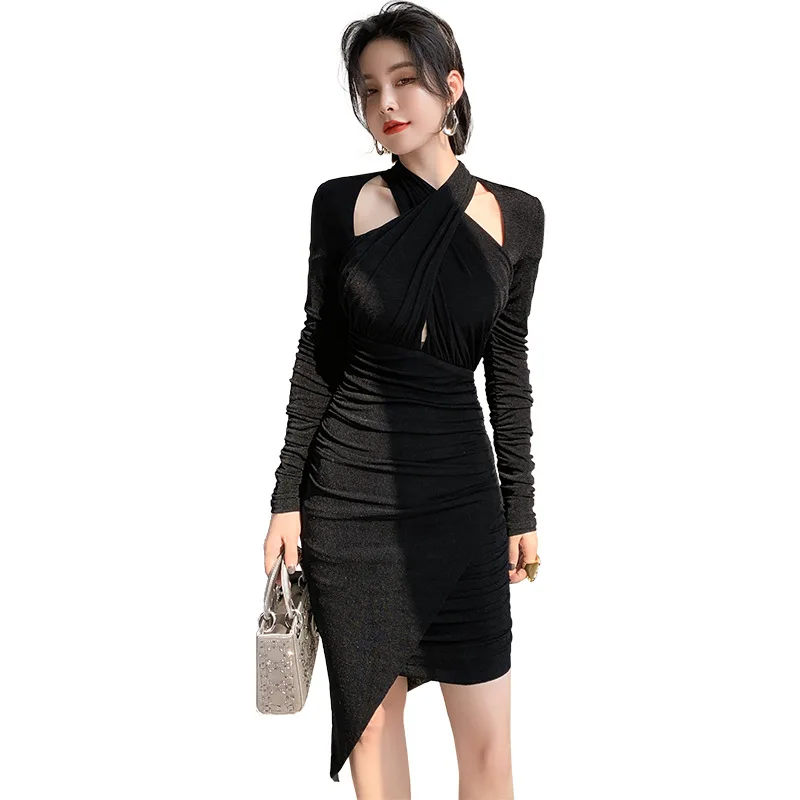 

Autumn High-end Women Dress Vintage Elegant Draped Asymmetrical Dress Long Sleeve Hollow Out Halter Party Dress Vestidos