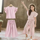 Летний комплект детской одежды 2022, топ с коротким рукавом и брюки с широкими штанинами для девочек, детская одежда 5, 6, 7, 8, 9, 10, 11, 12 лет