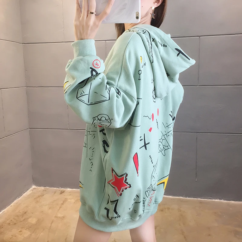 

2021 Fashion Autumn Casual Kawaii Cartoon Letter Printed Sweater Loose Long-sleeved Hooded Thin Cotton Girl Sweater Plus Size