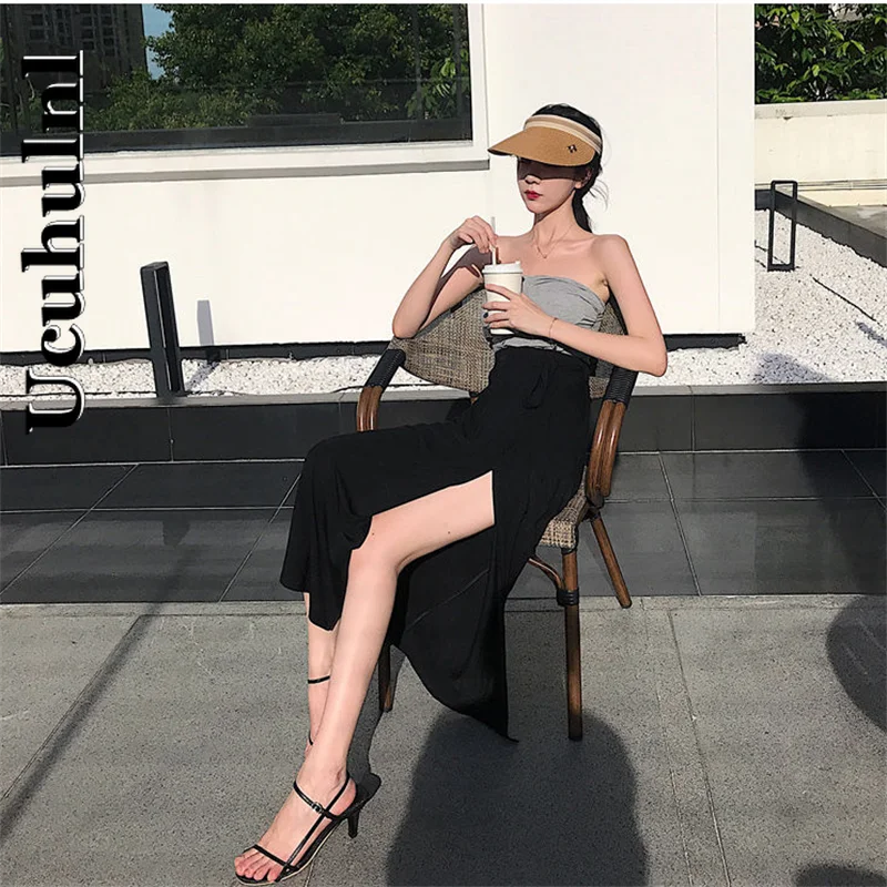 

Ucuhulnl Skirts Womens Summer Solid Bow Side-Slit-Calf Sexy Lady High Waist Lacing Up Casual Loose Elegant Feminine Chic Comfy