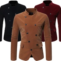 autumn men oblique placket double breasted blazer fashion stand collar slim fit casual suit jacket jaqueta masculina
