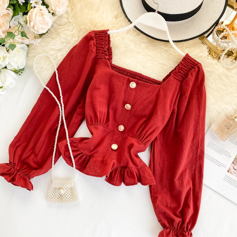 Женская рубашка с квадратным воротником осенняя блузка эластичным поясом в