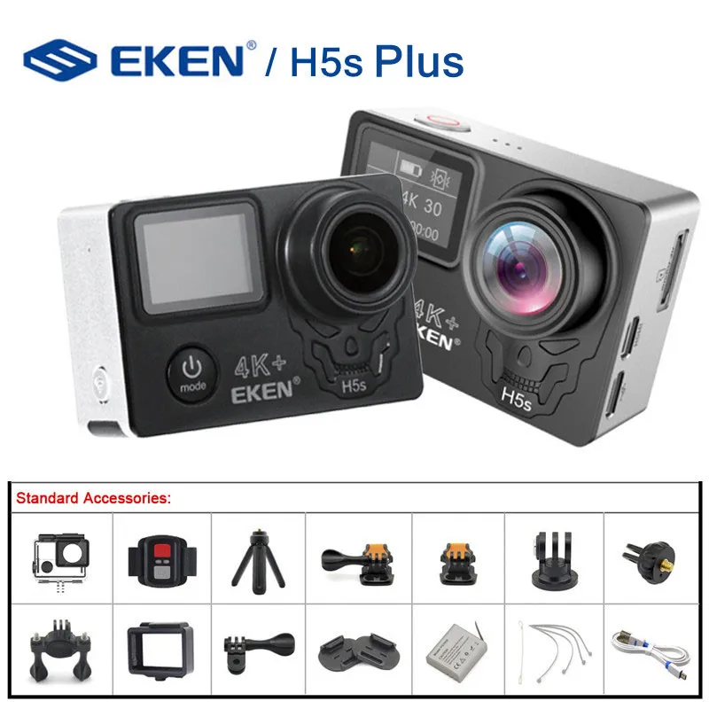 Экшн-камера EKEN H5S Plus HD 4K 30fps EIS с чипом Ambarella A12 внутри, водонепроницаемая на 30 метров, с сенсорным экраном 2.0 дюйма.