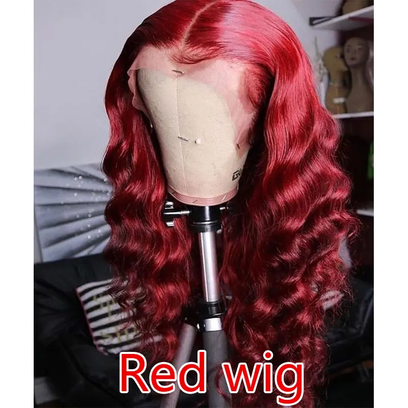 Red Color Wig 13X4 150% Невидимый красная объемная волна Синтетические волосы на кружеве парики из натуральных волос с Африканской структурой, предварительно вы эффектом деграде(переход от темного к Цвет Реми бордовый парики для чернокожих Для женщин - Цвет: Red Color Wig