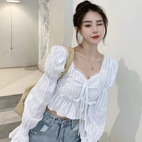 women square collar short blouses lace sexy sweet expose navel long sleeve shirt lantern sleeve tops