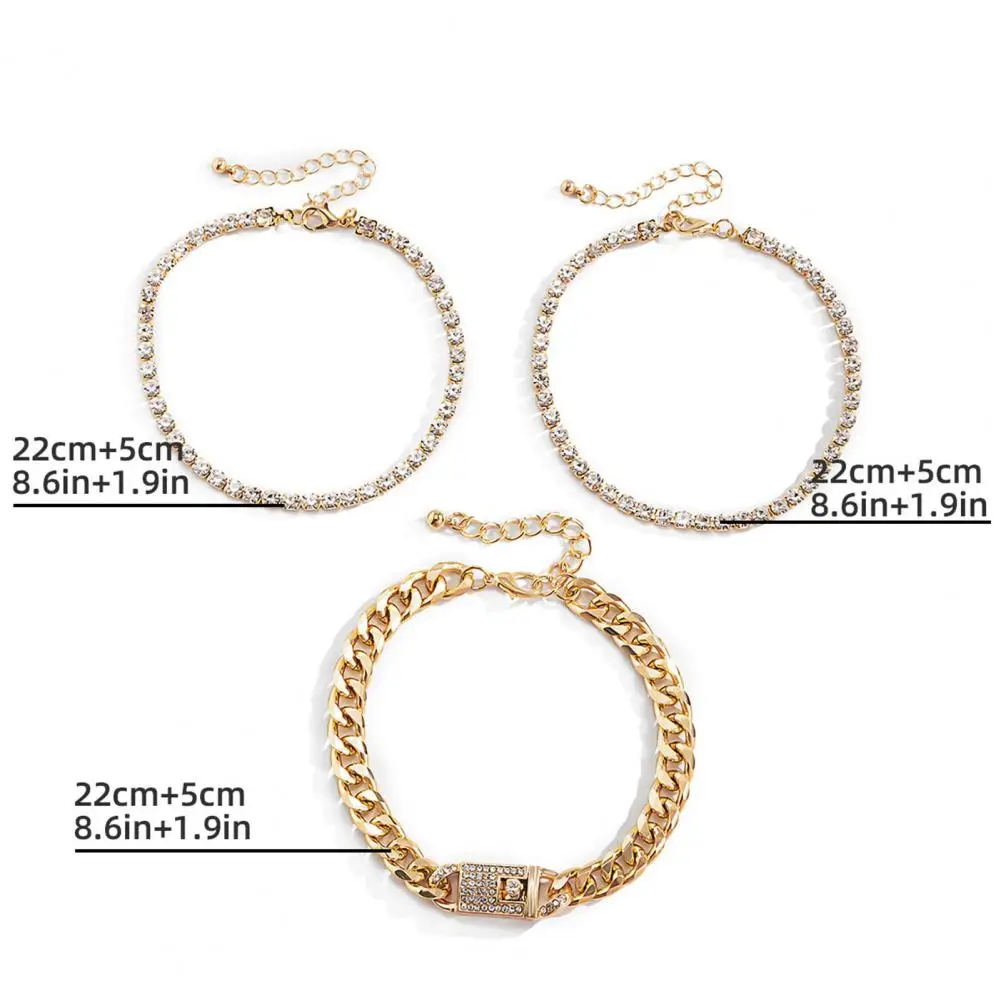 

70% Hot Sell 3Pcs/Set Women Multilayer Alloy Cuban Buckle Rhinestone Chain Anklets Foot Jewelry for Beach