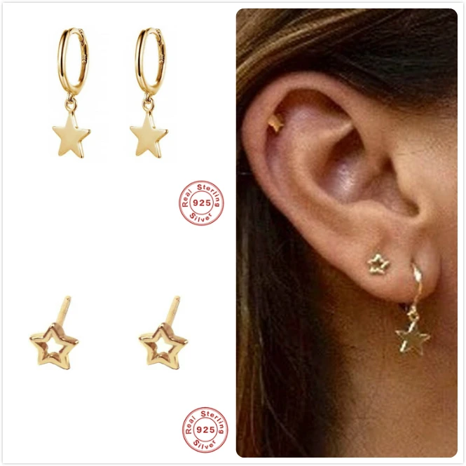 925 Sterling Silver Earrings For Women Star Shape Girl Cartilage Ear Bone Female aretes R5 | Украшения и аксессуары