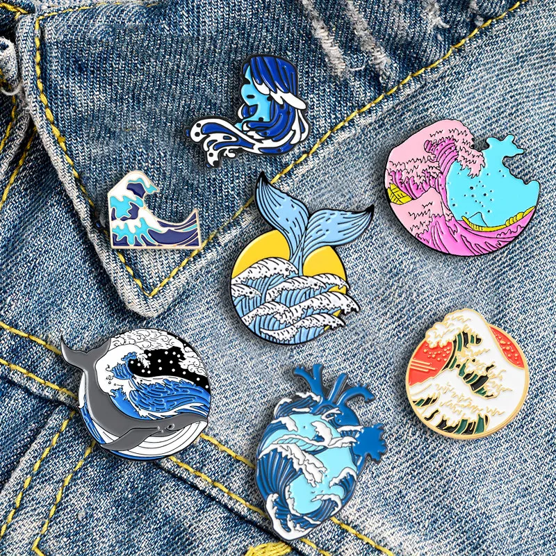 

Wave Whale Series Enamel Lapel Pins Blue Ocean Brooches Badges Fashion Heart Pins Cute Gifts for Friends Wholesale Heart